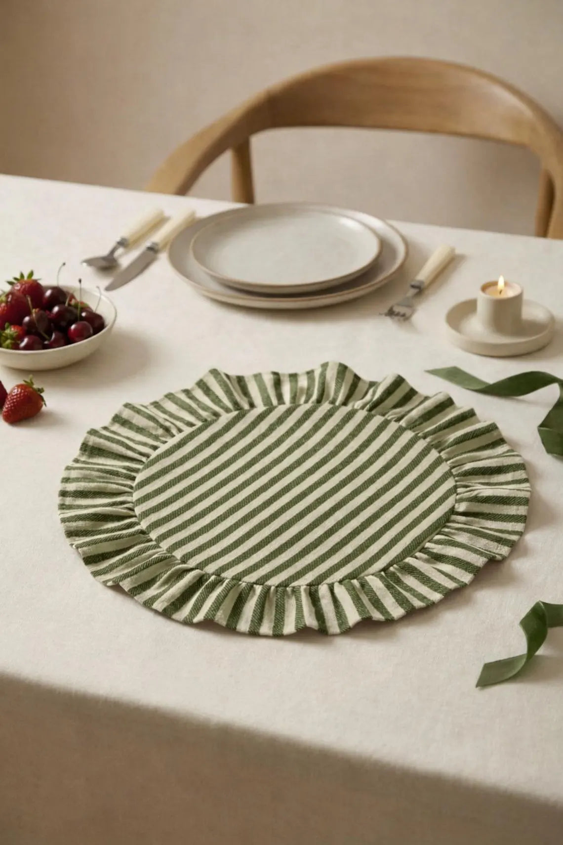 Green Striped Ruffled Placemats