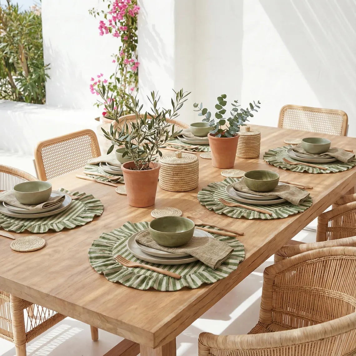 Green Striped Ruffled Placemats